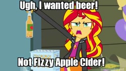 Size: 400x225 | Tagged: safe, edit, edited screencap, screencap, sunset shimmer, equestria girls, equestria girls (movie), apple cider, image macro, meme, solo