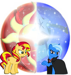 Size: 499x522 | Tagged: safe, artist:flutterflyraptor, sunset shimmer, trixie, pony, alicorn amulet, google chrome, simple background, transparent background, vector