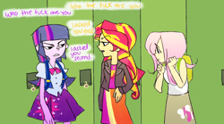 Size: 900x500 | Tagged: safe, artist:gikima, fluttershy, sunset shimmer, twilight sparkle, equestria girls, equestria girls (movie), crossover, dialogue, the most popular girls in school, vulgar