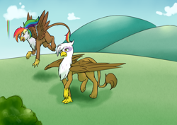 Size: 1280x905 | Tagged: safe, artist:quinty-imara, derpibooru import, gilda, oc, oc:rainbow feather, griffon, female, interspecies offspring, magical lesbian spawn, mother and child, mother and daughter, offspring, outdoors, parent and child, parent:gilda, parent:rainbow dash, parents:gildash, rainbow