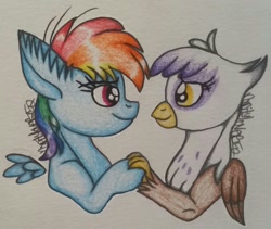 Size: 1825x1542 | Tagged: safe, artist:raritylover152, derpibooru import, gilda, rainbow dash, griffon, pegasus, pony, duo, ear fluff, female, filly, friends, looking at each other, not shipping, simple background, smiling, traditional art, younger