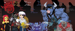 Size: 4011x1653 | Tagged: safe, artist:arteses-canvas, derpibooru import, gilda, iron will, king sombra, princess luna, queen chrysalis, rover, sunset shimmer, anthro, changeling, diamond dog, human, minotaur, pony, umbrum, unicorn, equestria girls, absurd resolution, blank eyes, claws, crossover, curved horn, drool, envy the jealous, evil grin, eyepatch, fangs, female, fullmetal alchemist, gilda is not amused, glare, gluttony the voracious, greed the avaricious, grin, horn, horns, humanized, king bradley, lust the lascivious, male, mare, nose piercing, nose ring, piercing, pride the arrogant, s1 luna, saligia, selim bradley, seven deadly sins, sloth the indolent, smiling, smirk, stallion, sword, tongue out, unamused, weapon, winged humanization, wings, wrath the furious