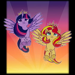 Size: 1000x1000 | Tagged: safe, artist:lekelbel, sunset shimmer, twilight sparkle, twilight sparkle (alicorn), alicorn, pony, :3, alicornified, race swap, shimmercorn