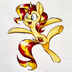 Size: 1754x1754 | Tagged: safe, artist:gummigator, artist:hydro-king, sunset shimmer, pony, unicorn, collaboration, bipedal, cute, open mouth, shimmerbetes, solo, traditional art