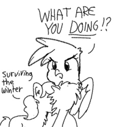 Size: 1280x1280 | Tagged: safe, artist:tjpones, derpibooru import, gilda, griffon, pony, black and white, chest fluff, dialogue, grayscale, monochrome, simple background, white background