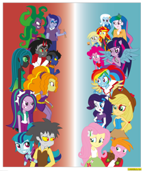 Size: 1024x1226 | Tagged: safe, artist:conikiblasu-fan, adagio dazzle, ahuizotl, applejack, aria blaze, big macintosh, derpy hooves, discord, fluttershy, king sombra, mane-iac, pinkie pie, princess celestia, princess luna, queen chrysalis, rainbow dash, rarity, sonata dusk, sunset shimmer, trixie, twilight sparkle, twilight sparkle (alicorn), changeling, changeling queen, equestria girls, antagonist, mane six, the dazzlings, the rainbooms