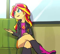 Size: 552x500 | Tagged: dead source, safe, artist:baekgup, sunset shimmer, equestria girls, rainbow rocks, blushing, boots, clothes, cute, female, jacket, legs, open mouth, shimmerbetes, shoes, sitting, solo, window