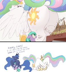 Size: 1500x1626 | Tagged: safe, artist:raps, aura (character), princess celestia, princess luna, alicorn, earth pony, pony, accident, butt, butt crush, butt destruction, comic, cowering, crying, destruction, dialogue, digital art, double facewing, embarrassed, facewing, female, filly, floppy ears, frown, glare, grumpy, hiding, hiding behind wing, horrified, hug, looking back, mare, nose wrinkle, open mouth, plot, prone, raised hoof, raised tail, royal sisters, simple background, spread wings, squishy cheeks, sunbutt, table, tail, the ass was fat, toothpick, white background, wide eyes, wing fluff, winghug, wings