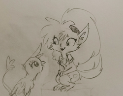 Size: 1280x997 | Tagged: safe, artist:tjpones, derpibooru import, gilda, griffon, werewolf, clothes, crossover, cute, gildadorable, grayscale, lineart, monochrome, scooby doo and the ghoul school, traditional art, winnie the werewolf