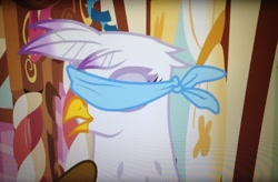 Size: 1472x966 | Tagged: safe, derpibooru import, screencap, gilda, griffon, griffon the brush off, blindfold, female, solo