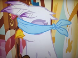 Size: 1306x966 | Tagged: safe, derpibooru import, screencap, gilda, griffon, griffon the brush off, blindfold, female, solo