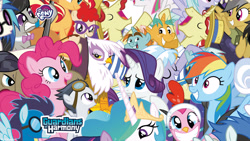 Size: 2560x1440 | Tagged: safe, derpibooru import, blossomforth, cloudchaser, cranky doodle donkey, daring do, dj pon-3, flam, flim, flitter, gilda, octavia melody, pinkie pie, princess celestia, rainbow dash, rarity, rumble, snails, snips, soarin', sunset shimmer, thunderlane, twilight sparkle, twist, vinyl scratch, alicorn, earth pony, griffon, pegasus, pony, unicorn, animal costume, chicken pie, chicken suit, clothes, costume, everypony, female, guardians of harmony, male, my little pony logo, official, self ponidox, wallpaper