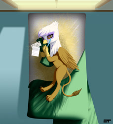 Size: 3300x3600 | Tagged: safe, artist:styroponyworks, derpibooru import, gilda, griffon, bed, blanket, envelope, feather, female, hay, implied gildash, implied lesbian, implied shipping, letter, mail, solo