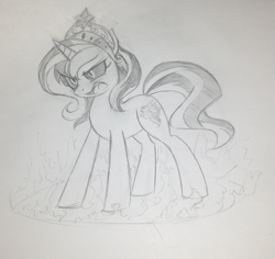 Size: 921x868 | Tagged: safe, artist:xnightmelody, sunset shimmer, pony, crown, fire, open mouth, solo, traditional art