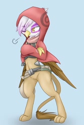 Size: 1000x1500 | Tagged: safe, artist:azurepicker, derpibooru import, gilda, griffon, semi-anthro, clothes, female, hood, one eye closed, simple background, solo, standing, wink