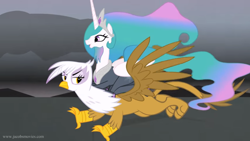 Size: 1366x768 | Tagged: safe, artist:jacob kitts, derpibooru import, gilda, princess celestia, alicorn, griffon, pony, beard, by celestia's beard, crossover, facial hair, flying, gandalf, gandalf the white, great eagle, great eagle of manwe, lord of the rings, majestic, parody, ponies riding griffons, riding, upset