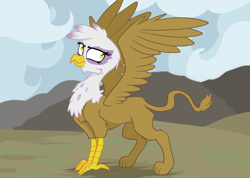 Size: 2043x1451 | Tagged: safe, artist:paskanaakka, derpibooru exclusive, derpibooru import, gilda, griffon, cheek fluff, chest fluff, cloud, fluffy, solo, spread wings, wings