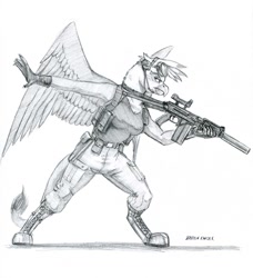 Size: 1100x1208 | Tagged: safe, artist:baron engel, derpibooru import, gilda, anthro, digitigrade anthro, griffon, 9a-91, armpits, clothes, grayscale, gun, monochrome, rifle, simple background, solo, suppressor, traditional art, weapon, white background