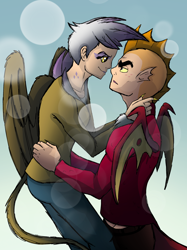 Size: 2048x2732 | Tagged: safe, artist:percy-mcmurphy, derpibooru import, garble, gilda, human, clothes, female, freckles, garilda, humanized, looking at each other, male, shipping, straight, tailed humanization, winged humanization, wings