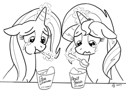 Size: 2000x1450 | Tagged: safe, artist:arrjaysketch, sunset shimmer, trixie, pony, unicorn, comfort eating, crying, eating, floppy ears, ice cream, magic, monochrome, sad