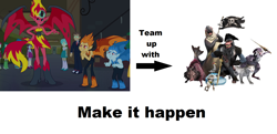 Size: 1738x840 | Tagged: safe, snails, snips, sunset satan, sunset shimmer, demon, equestria girls, crossover, exploitable meme, ice age, make it happen, meme, pirate, the fools