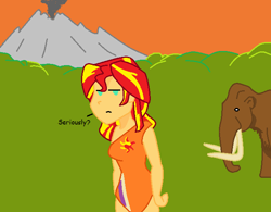 Size: 650x506 | Tagged: dead source, safe, artist:americanraptor, sunset shimmer, elephant, equestria girls, equestria girls (movie), caveman, cavewoman, mammoth, ms paint, prehistoric, unamused, volcano, woolly mammoth