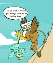 Size: 750x900 | Tagged: safe, artist:cider, derpibooru import, gilda, lightning dust, griffon, pegasus, pony, :t, animated, carrying, chest fluff, cute, dock, female, flapping, floppy ears, fluffy, flying, frown, gif, mare, open mouth, smiling, speech bubble, spread wings, tail, tail pull, underhoof, upside down, wing fluff, wings