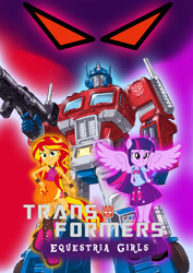 Size: 2480x3508 | Tagged: safe, sunset shimmer, twilight sparkle, twilight sparkle (alicorn), robot, equestria girls, autobot, crossover, fanfic art, fanfic cover, optimus prime, ponied up, transformers