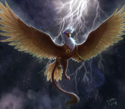 Size: 2480x2169 | Tagged: safe, artist:begasus, derpibooru import, gilda, griffon, awesome, beautiful, epic, flying, large wings, lightning, majestic, rain, solo, spread wings, storm, wings