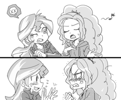 Size: 651x536 | Tagged: safe, artist:baekgup, adagio dazzle, sunset shimmer, equestria girls, angry, blushing, comic, crying, monochrome, singing, sweat