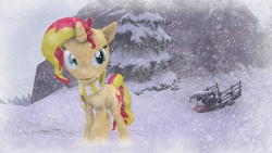 Size: 1920x1080 | Tagged: safe, artist:sfmaniax, sunset shimmer, pony, unicorn, 3d, broken, cart, clothes, scarf, snow, snowfall, source filmmaker, tree, winter