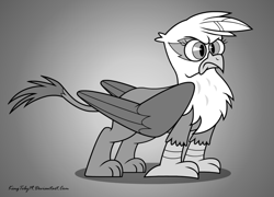 Size: 1024x736 | Tagged: safe, artist:kingtoby19, derpibooru import, gilda, griffon, female, majestic, monochrome, old timey, solo, style emulation