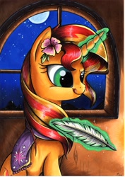 Size: 2481x3509 | Tagged: safe, artist:yellowrobin, sunset shimmer, pony, unicorn, clothes, flower in hair, quill, scarf, solo, writing