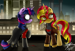 Size: 1377x944 | Tagged: safe, artist:supermare, sunset shimmer, twilight sparkle, twilight sparkle (alicorn), alicorn, pony, batman, batman and robin, crossover, dc comics, female, jason todd, mare, red hood, robin, tim drake