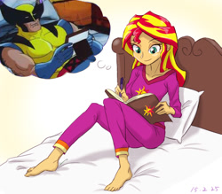 Size: 800x700 | Tagged: safe, artist:ta-na edits, sunset shimmer, equestria girls, barefoot, clothes, exploitable meme, feet, journey book, meme, pajamas, sunset's daydream, wolverine, x-men, x-men the animated series