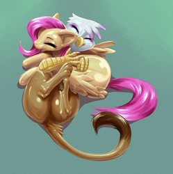 Size: 847x850 | Tagged: safe, artist:trunchbull, derpibooru import, fluttershy, gilda, balloonie pony, griffon, original species, pegasus, pony, beak, cuddling, eyes closed, female, fetish, gildashy, happy, hooves, hug, latex, leonine tail, lesbian, paws, plot, rubber, shiny, shipping, smiling, tail, underpaw, wings