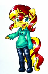 Size: 1200x1844 | Tagged: safe, artist:gummigator, sunset shimmer, anthro, unicorn, chibi, clothes, cute, female, hoodie, mare, open mouth, pants, shimmerbetes, solo, traditional art