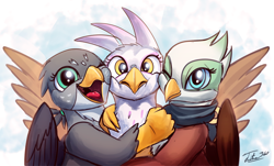 Size: 1200x726 | Tagged: safe, artist:tsitra360, derpibooru import, gabby, gilda, greta, griffon, clothes, cute, female, gabbybetes, gildadorable, gretadorable, griffon trio, one eye closed, scarf, smiling, trio, wink