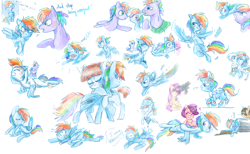 Size: 1024x630 | Tagged: safe, artist:pinkablue, derpibooru import, bow hothoof, fluttershy, gilda, hoops, rainbow blaze, rainbow dash, scootaloo, windy whistles, griffon, pegasus, pony, doodles, flying, juice, juice box, sketch, sketch dump, training, trash can, younger