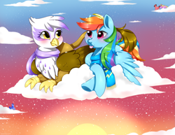 Size: 1943x1500 | Tagged: safe, artist:beanbunn, derpibooru import, gilda, rainbow dash, griffon, pegasus, pony, blushing, cloud, duo, female, gildash, interspecies, lesbian, scarf, shipping, snow, tongue out