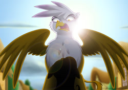 Size: 1500x1056 | Tagged: safe, artist:littlehybridshila, derpibooru import, fluttershy, gilda, griffon, pegasus, pony, griffon the brush off, angry, beak, floppy ears, lens flare, looking at you, offscreen character, open beak, open mouth, ponyville, pov, scene interpretation, silhouette, spread wings, wings