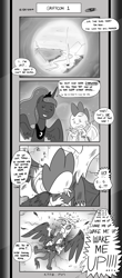 Size: 1451x3300 | Tagged: safe, artist:loreto-arts, derpibooru import, gilda, princess luna, spike, alicorn, dragon, griffon, pony, comic:friendship is innuendo, comic:friendship is innuendo vol. 2, crash, knock out, monochrome, non-consensual cuddling, older, older spike, sleeping, swirly eyes, this might end in pain, winged spike