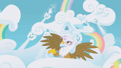 Size: 1366x768 | Tagged: safe, derpibooru import, screencap, gilda, griffon, griffon the brush off, cloud, majestic, rainbow dash's house, solo, spread wings, wings