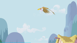 Size: 1366x768 | Tagged: safe, derpibooru import, screencap, gilda, griffon, griffon the brush off, cottage, flying, mountain, ponyville, solo, upside down