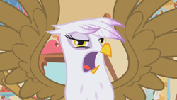 Size: 1366x768 | Tagged: safe, derpibooru import, screencap, gilda, griffon, griffon the brush off, angry, faic, frown, glare, looking at you, open mouth, solo, spread wings, tongue out, upset, wings