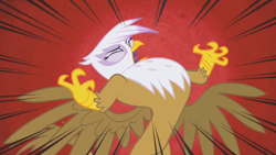 Size: 1366x768 | Tagged: safe, derpibooru import, screencap, gilda, griffon, griffon the brush off, angry, eyes closed, female, majestic, open beak, rage, rearing, red background, roar, simple background, solo, spread wings, wings