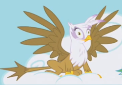 Size: 386x270 | Tagged: safe, derpibooru import, screencap, gilda, rainbow dash, griffon, pegasus, pony, griffon the brush off, cloud, cropped, faic, majestic, majestic as fuck, shocked, solo, spread wings, wings