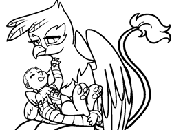 Size: 880x665 | Tagged: safe, artist:/d/non, derpibooru import, gilda, oc, oc:alex, griffon, satyr, baby, female, mother and child, mother and daughter, offspring, parent and child, parent:gilda