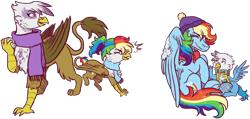 Size: 2050x972 | Tagged: safe, artist:kikirdcz, derpibooru import, gilda, rainbow dash, oc, oc:gren, oc:rainbow feather, griffon, hippogriff, pegasus, pony, clothes, cute, family, female, gildash, hat, interspecies, interspecies offspring, lesbian, magical lesbian spawn, male, mother and child, mother and daughter, mother and son, next generation, offspring, parent and child, parent:gilda, parent:rainbow dash, parents:gildash, scarf, shipping, snow, snowball, snowball fight, winter