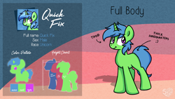 Size: 3840x2160 | Tagged: safe, artist:sugar morning, oc, oc:quick fix, pony, unicorn, blue mane, chibi, green fur, male, reference sheet, solo